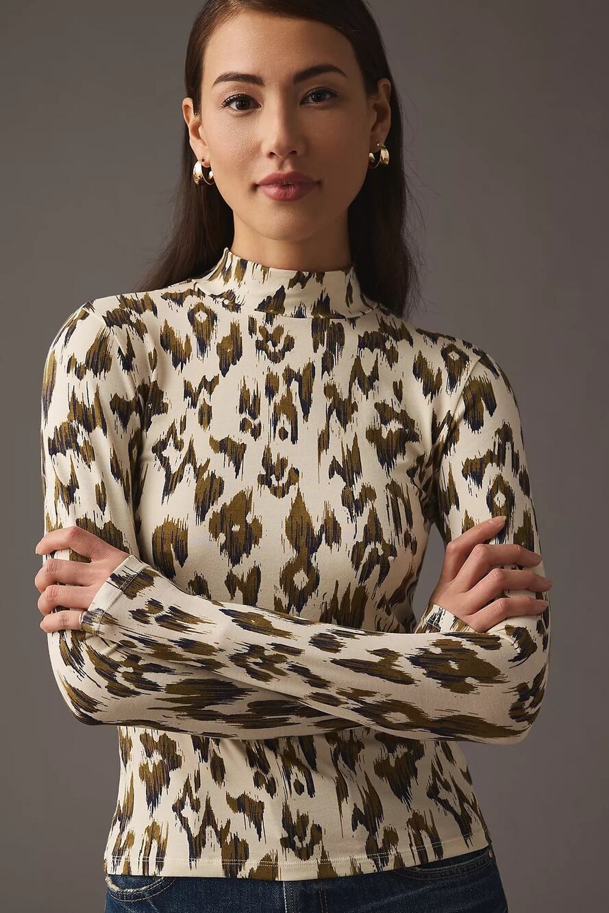 ANTHROPOLOGIE Scotch & Soda Leopard Print Mock Neck Top Fitted Stretch | XS